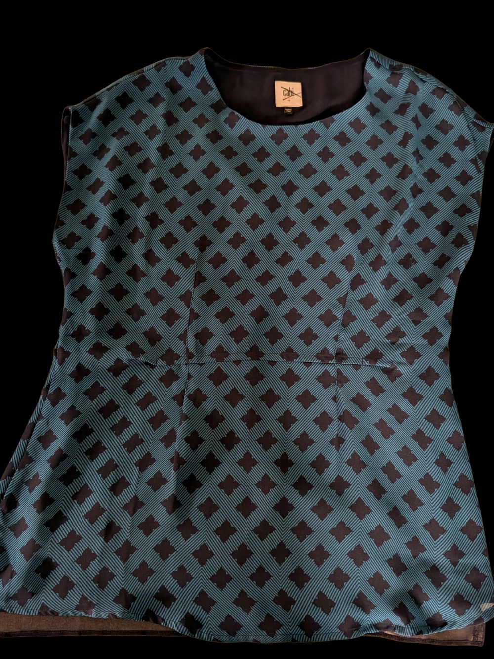 CAbi Teal and Black Geometric Cap-Sleeve Blouse